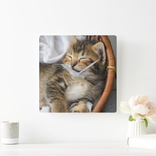 最も可愛い赤ん坊の動物 |かわいいタビー猫が眠る スクエア壁時計 (ホーム)