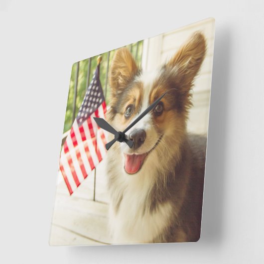 最も可愛い赤ん坊の動物 |アメリカ国旗のコルギ スクエア壁時計 (傾斜)