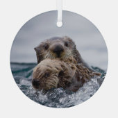 最も可愛い赤ん坊の動物 |オッターベビーとマザー ガラスオーナメント (裏面)
