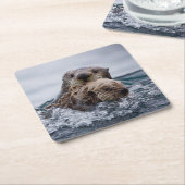 最も可愛い赤ん坊の動物 |オッターベビーとマザー スクエアペーパーコースター (アングル)