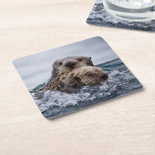 最も可愛い赤ん坊の動物 |オッターベビーとマザー スクエアペーパーコースター (アングル)