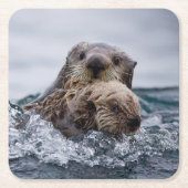 最も可愛い赤ん坊の動物 |オッターベビーとマザー スクエアペーパーコースター (正面)