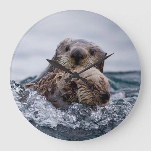 最も可愛い赤ん坊の動物 |オッターベビーとマザー ラージ壁時計 (正面)