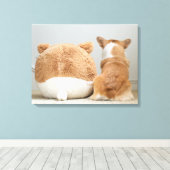 最も可愛い赤ん坊の動物 |コーギと丸太の子犬 キャンバスプリント (インサイチュ (ウッドフロア))