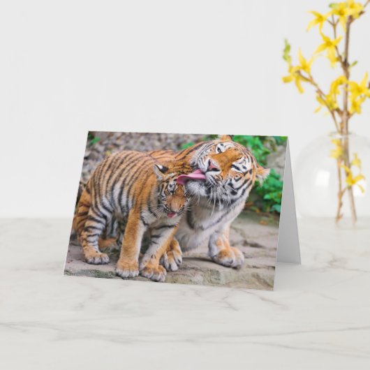 最も可愛い赤ん坊の動物 |シベリアのタイガーファミリー カード (黄色い花)
