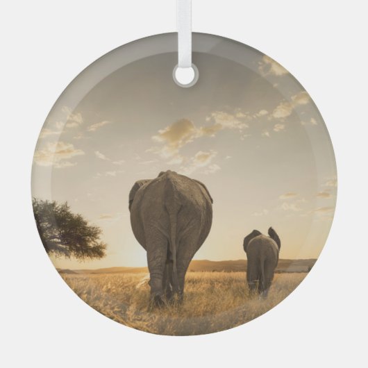 最も可愛い赤ん坊の動物 |ゾウの子牛と母 ガラスオーナメント (正面)
