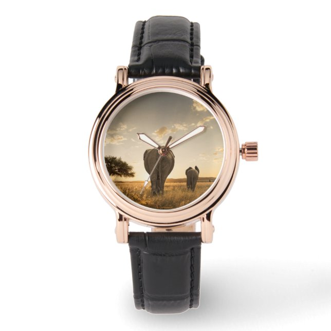最も可愛い赤ん坊の動物 |ゾウの子牛と母 腕時計 (正面)