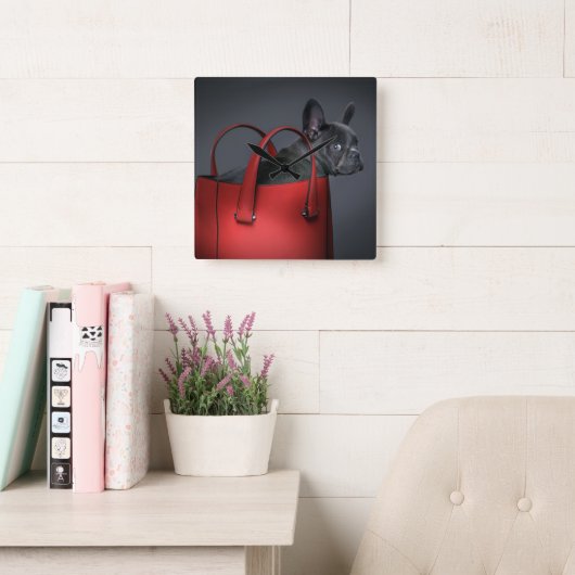 最も可愛い赤ん坊の動物 |ブルフランスのドッグレッドハンドバッグ スクエア壁時計 (読書スペース)