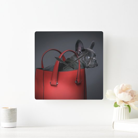 最も可愛い赤ん坊の動物 |ブルフランスのドッグレッドハンドバッグ スクエア壁時計 (ホーム)