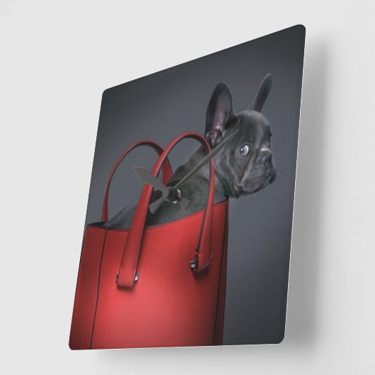 最も可愛い赤ん坊の動物 |ブルフランスのドッグレッドハンドバッグ スクエア壁時計 (傾斜)