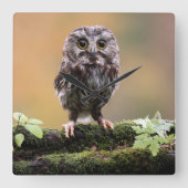 最も可愛い赤ん坊の動物 |ベビーフクロウ スクエア壁時計 (正面)