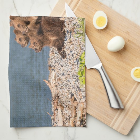 最も可愛い赤ん坊の動物 |マザーベア&カブス キッチンタオル (四つ折り)