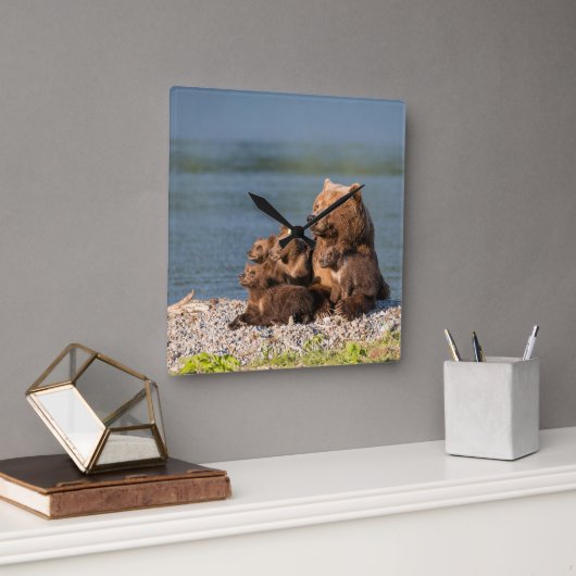 最も可愛い赤ん坊の動物 |マザーベア&カブス スクエア壁時計 (オフィス)