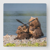 最も可愛い赤ん坊の動物 |マザーベア&カブス スクエア壁時計 (正面)