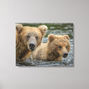 最も可愛い赤ん坊の動物 ママベア&彼女の子供 キャンバスプリント