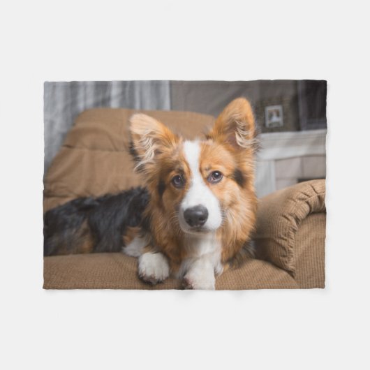 最も可愛い赤ん坊の動物 |長い髪のコージの子犬 フリースブランケット (正面(横))