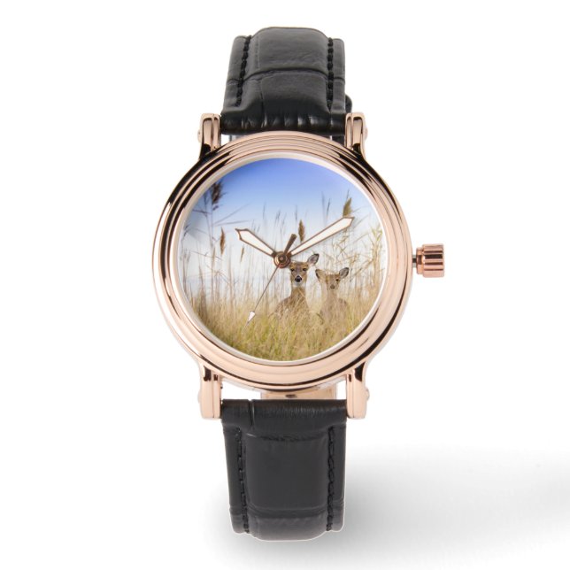 最も可愛い赤ん坊の動物 | 2羽の白い尾を持つ鹿 腕時計 (正面)