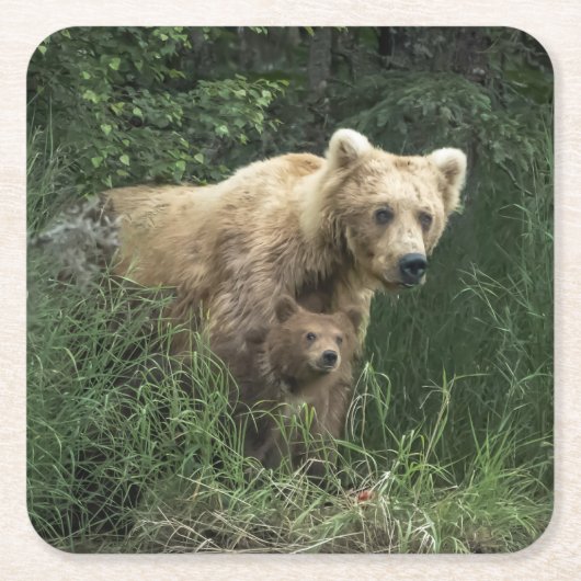 最も可愛い赤ん坊の動物 Bear Mama Bear & Her Cubs | Bear スクエアペーパーコースター (正面)
