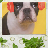最も可愛い赤ん坊の動物 | Boston Terrier Headphones キッチンタオル (折り畳み)
