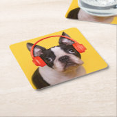 最も可愛い赤ん坊の動物 | Boston Terrier Headphones スクエアペーパーコースター (アングル)