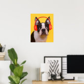 最も可愛い赤ん坊の動物 | Boston Terrier Headphones ポスター (ホームオフィス)