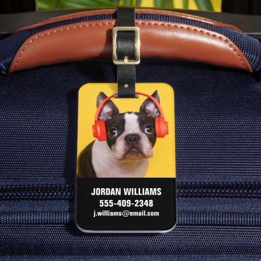最も可愛い赤ん坊の動物 | Boston Terrier Headphones ラゲッジタグ (正面インサイチュ2)