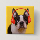 最も可愛い赤ん坊の動物 | Boston Terrier Headphones 缶バッジ (正面)