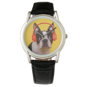 最も可愛い赤ん坊の動物 Boston Terrier Headphones 腕時計