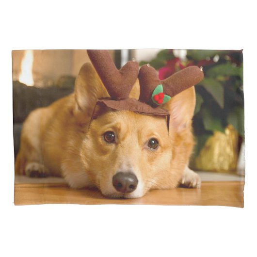 最も可愛い赤ん坊の動物 | Corgi Christmas Reindeer 枕カバー (正面)