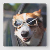 最も可愛い赤ん坊の動物 | Corgi Goggles in the Car スクエア壁時計 (正面)