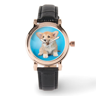 最も可愛い赤ん坊の動物 Corgi Puppy on Blue 腕時計
