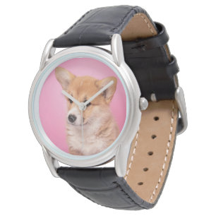 最も可愛い赤ん坊の動物 Corgi Puppy on Pink 腕時計