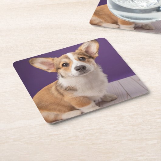最も可愛い赤ん坊の動物 | Corgi Pupy on Purple スクエアペーパーコースター (アングル)