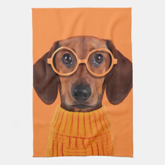 最も可愛い赤ん坊の動物 | Dachshundオレンジセーター キッチンタオル (縦)