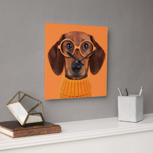 最も可愛い赤ん坊の動物 Dachshundオレンジセーター スクエア壁時計