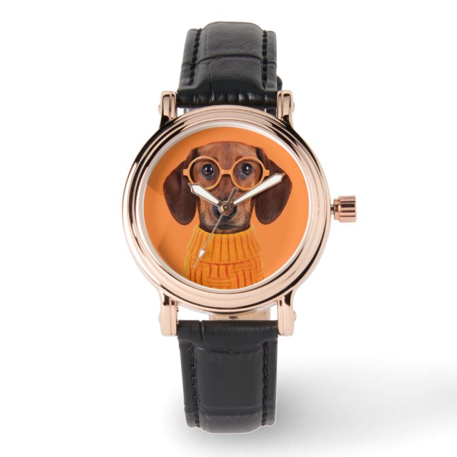 最も可愛い赤ん坊の動物 | Dachshundオレンジセーター 腕時計 (正面)