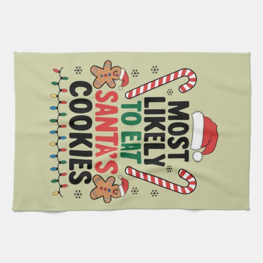 最も可能性が高いサンタ食べスクッキー家族のクリスマス キッチンタオル (横)