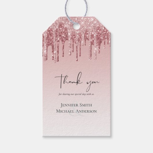 最も安い ローズゴールド ピンク グリッター ウェディング ギフトタグ (正面)