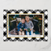 最も幸せなホリデーズブラックバッファロープレイドフォト金ゴールド 箔シーズンカード (正面)