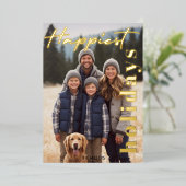 最も幸せなホリデーネイビープレイドタータン1枚の写真モダン 箔シーズンカード (立ち正面)