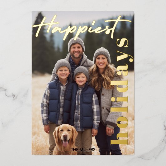 最も幸せなホリデー ネイビープレイドタータン 1枚の写真 現代 箔シーズンカード (正面)