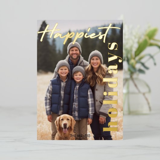 最も幸せなホリデー ネイビープレイドタータン 1枚の写真 現代 箔シーズンカード (立ち正面)