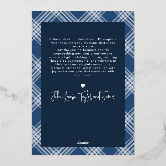 最も幸せなホリデー ネイビープレイドタータン 1枚の写真 現代 箔シーズンカード (裏面)