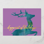 最も幸せな休日とティール（緑がかった色）水色トナカイ 箔シーズンカード (正面)