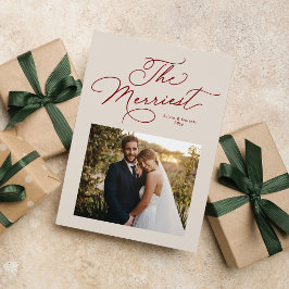最も幸せな新婚のワインレッドのクリスマスフォトカード シーズンカード