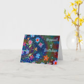 最も幸せな誕生日 ブルー ファン フラワーズ カード (黄色い花)