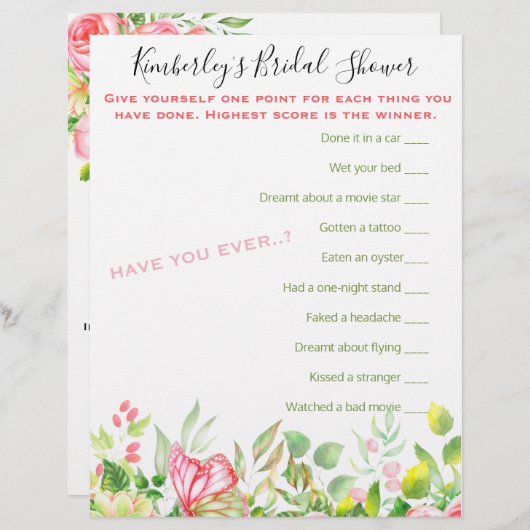 最も広い質問ゲームフローラ赤ちゃんシャワー活動 (正面/裏面)