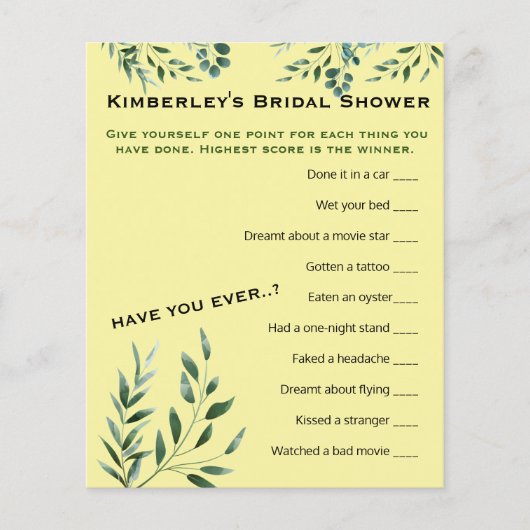 最も広い質問ゲームブライダルシャワー活動 (正面)