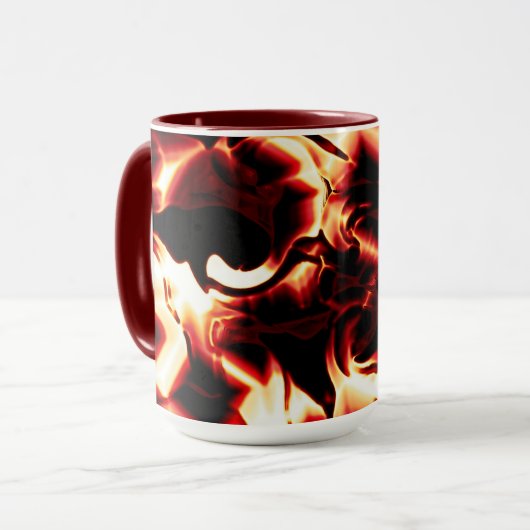 最も暗い赤い背景に彫られた焚き火 マグカップ (正面左)