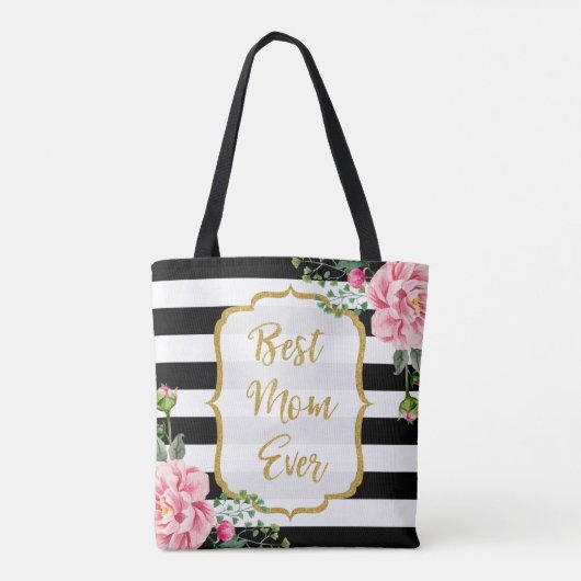 最も最高のなお母さんの金ゴールドのグリッターのピンクの花は縞で飾ります トートバッグ (裏面)
